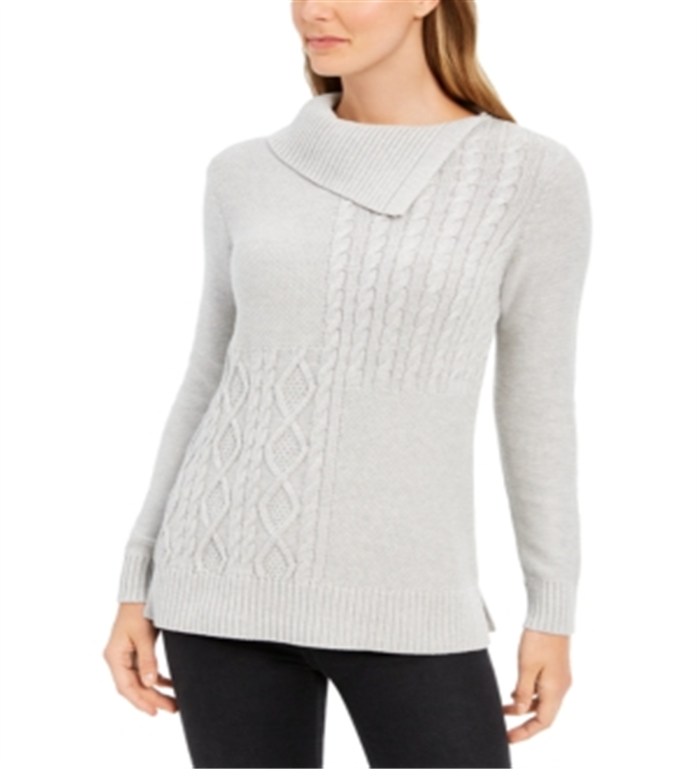 Charter Club Women's Envelope Neck Cable Knit Sweater Gray Size Petite Small