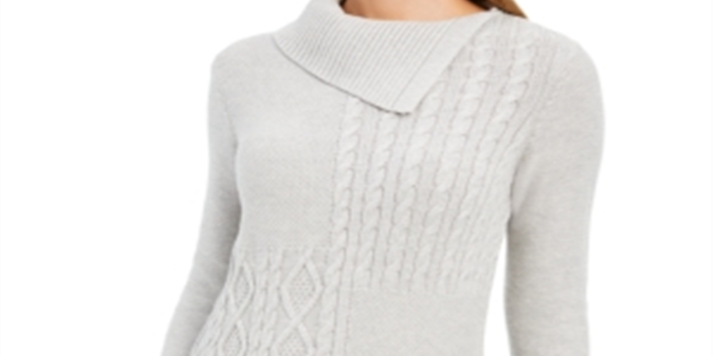 Charter Club Women's Envelope Neck Cable Knit Sweater Gray Size Petite Small