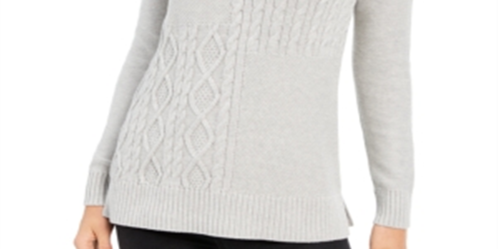 Charter Club Women's Envelope Neck Cable Knit Sweater Gray Size Petite Small