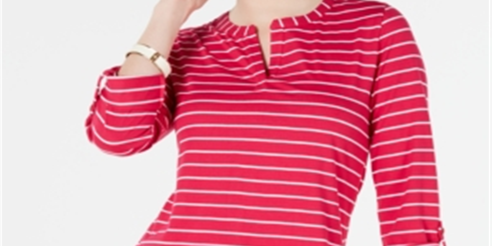 Charter Club Women's Striped Split Neck Top Pink Size Large