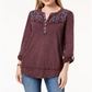 Style & Co Women's Embroidered Cotton Roll Tab Sleeve Top Red Size X-Small