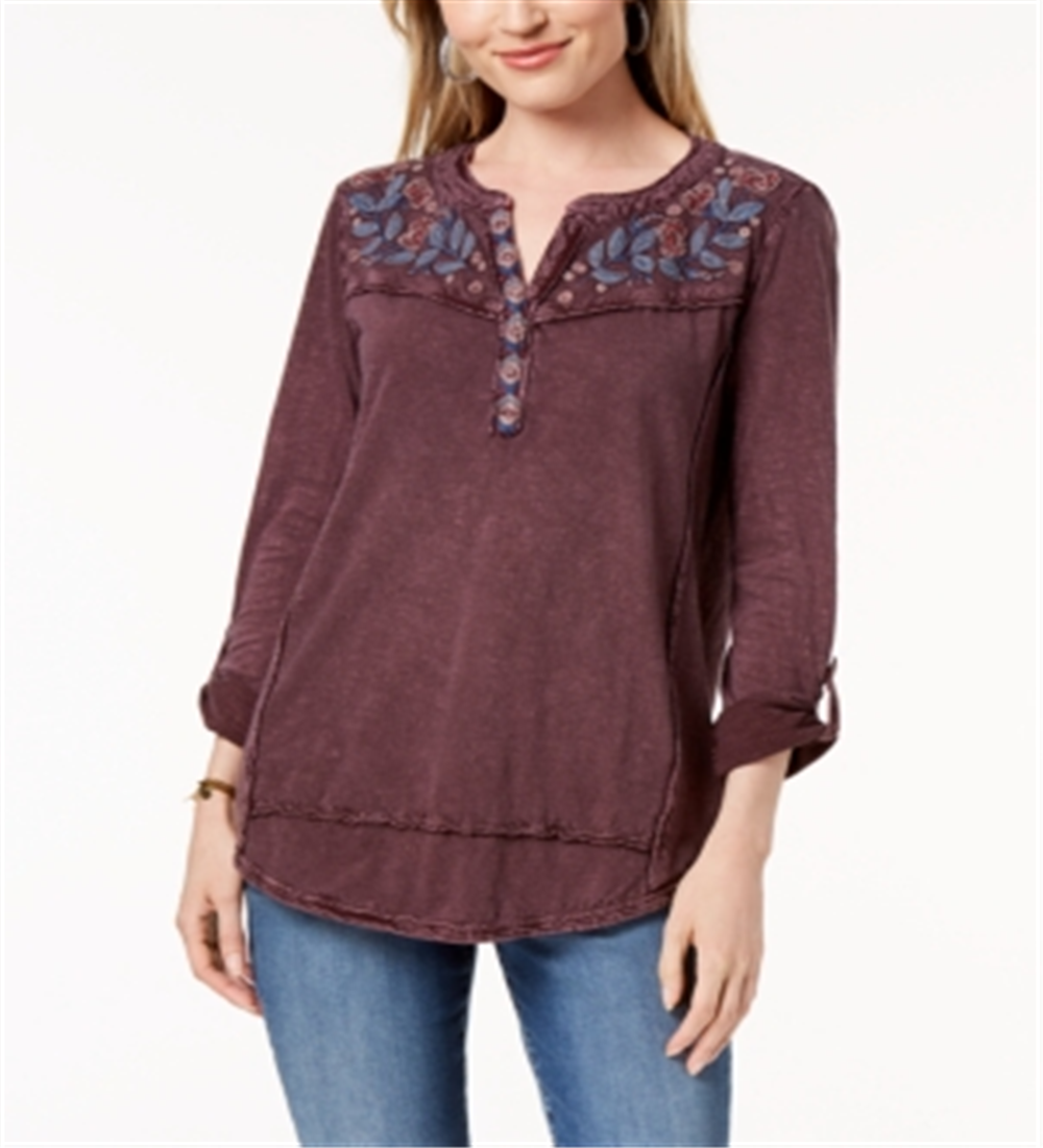 Style & Co Women's Embroidered Cotton Roll Tab Sleeve Top Red Size X-Small