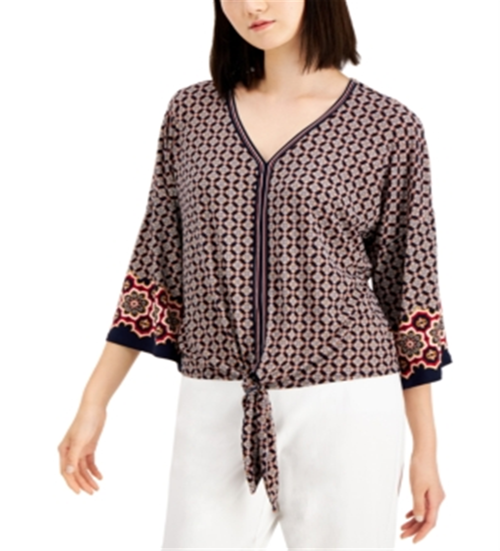 JM Collection Women's Abstract Print Tie Front Top Blue Size Small
