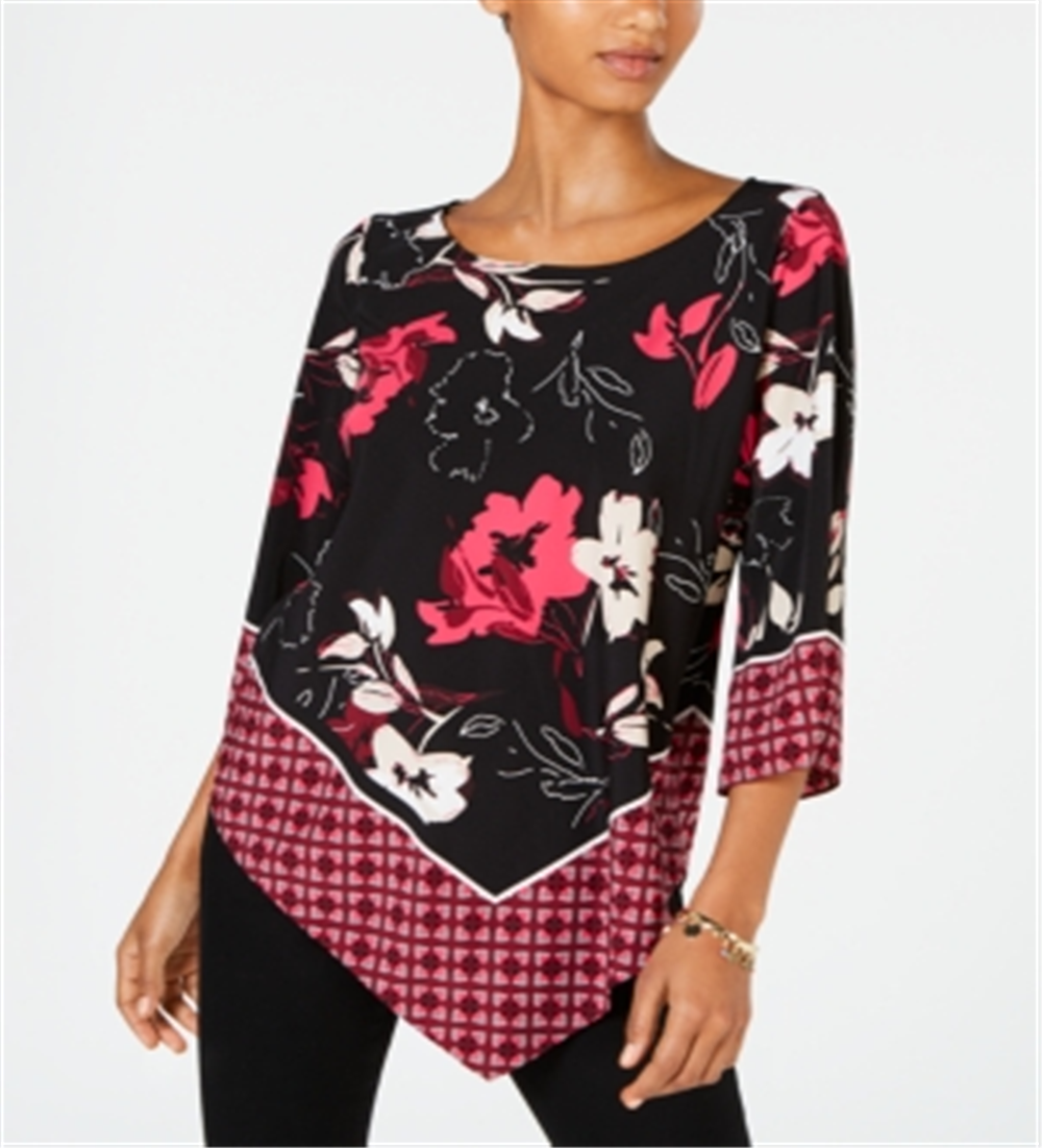 Alfani Women's V Hem Top Patched Border Black Size Petite L