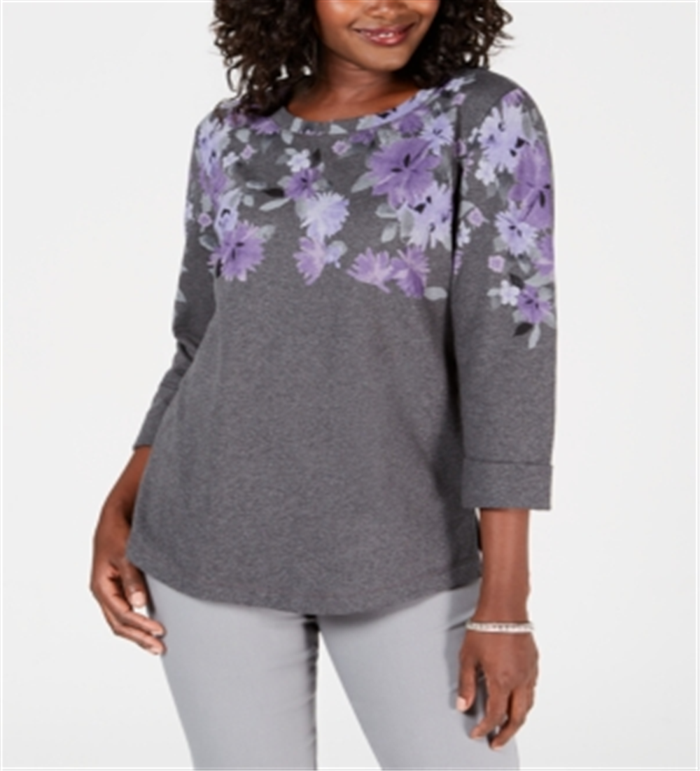 Karen Scott Women's Petite Printed 3/4-Sleeve Sweatshirt Gray Size Petite S/M