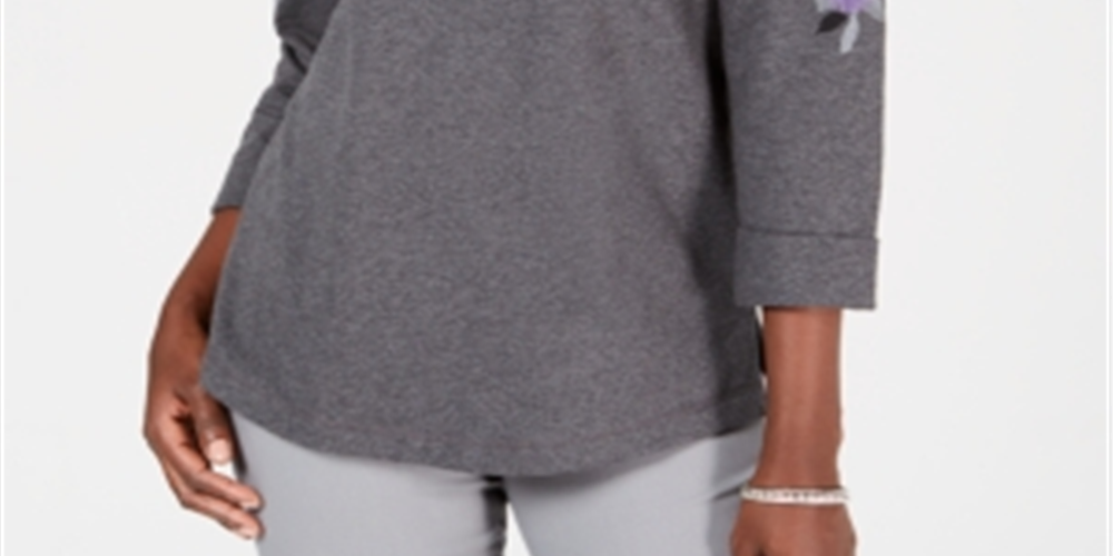 Karen Scott Women's Petite Printed 3/4-Sleeve Sweatshirt Gray Size Petite S/M