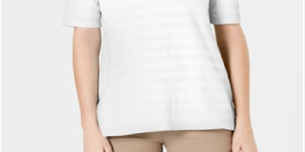 Charter Club Women's Cotton Texture-Striped Elbow-Sleeve Top White Size Large