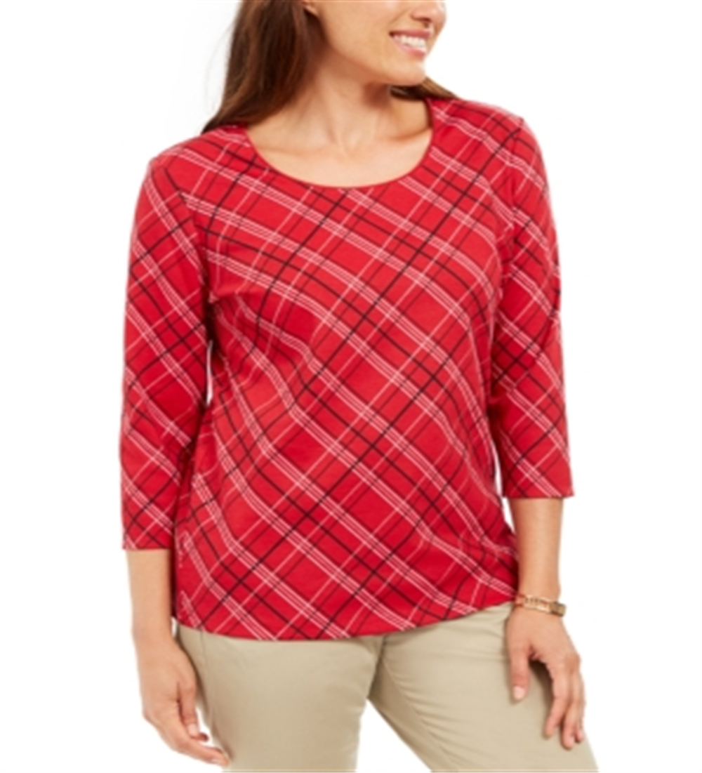 Karen Scott Women's Petite Plaid Top Red Size Petite L