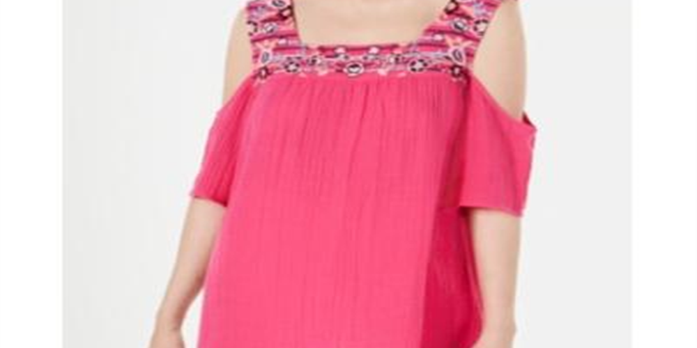 Style & Co Women's Knit Embroidered Cold Shoulder Top Pink Size Small