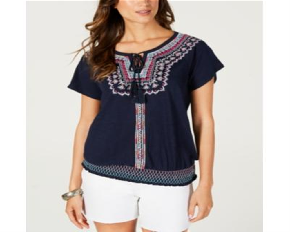 Style & Co Women's Embroidered Tie Neck Top Blue Size Small