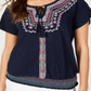 Style & Co Women's Embroidered Tie Neck Top Blue Size Small