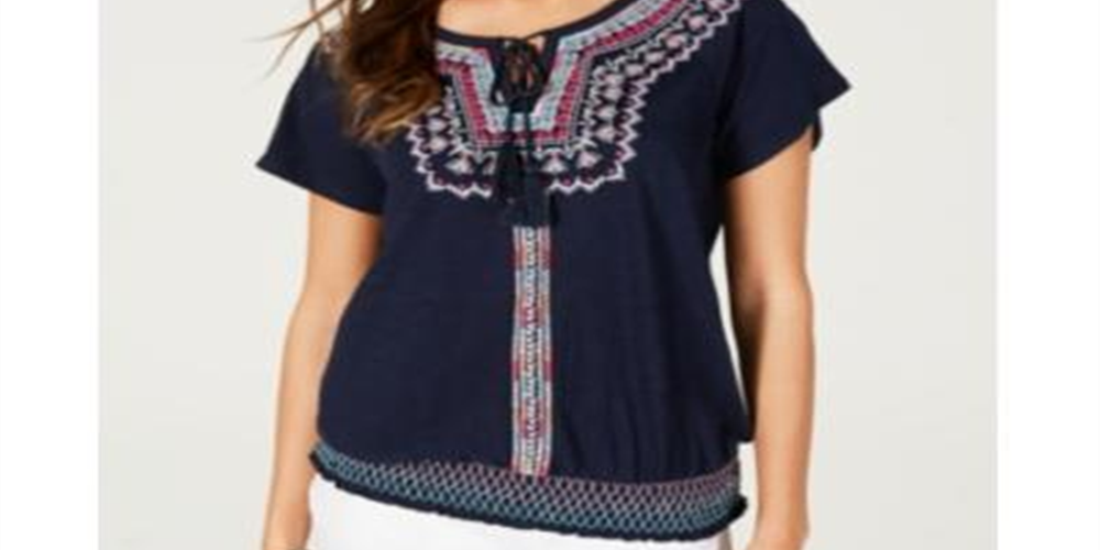 Style & Co Women's Embroidered Tie Neck Top Blue Size Small