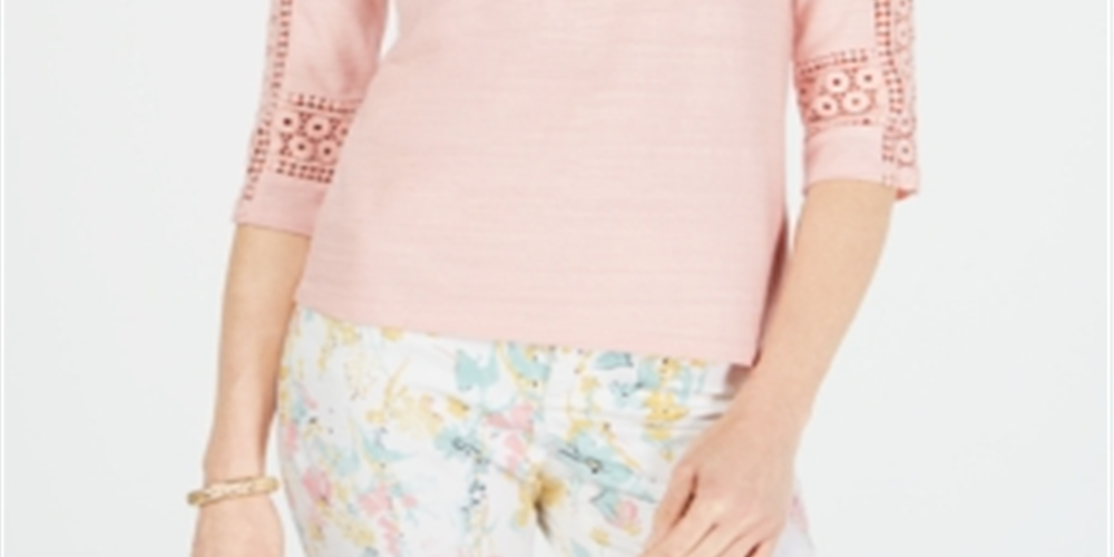 Charter Club Women's Crochet Sleeve Top Pink Size Petite L