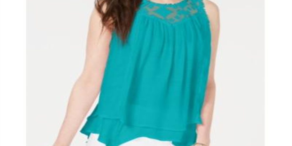 Style & Co Women's Lace Trim Swing Top Green Size -S