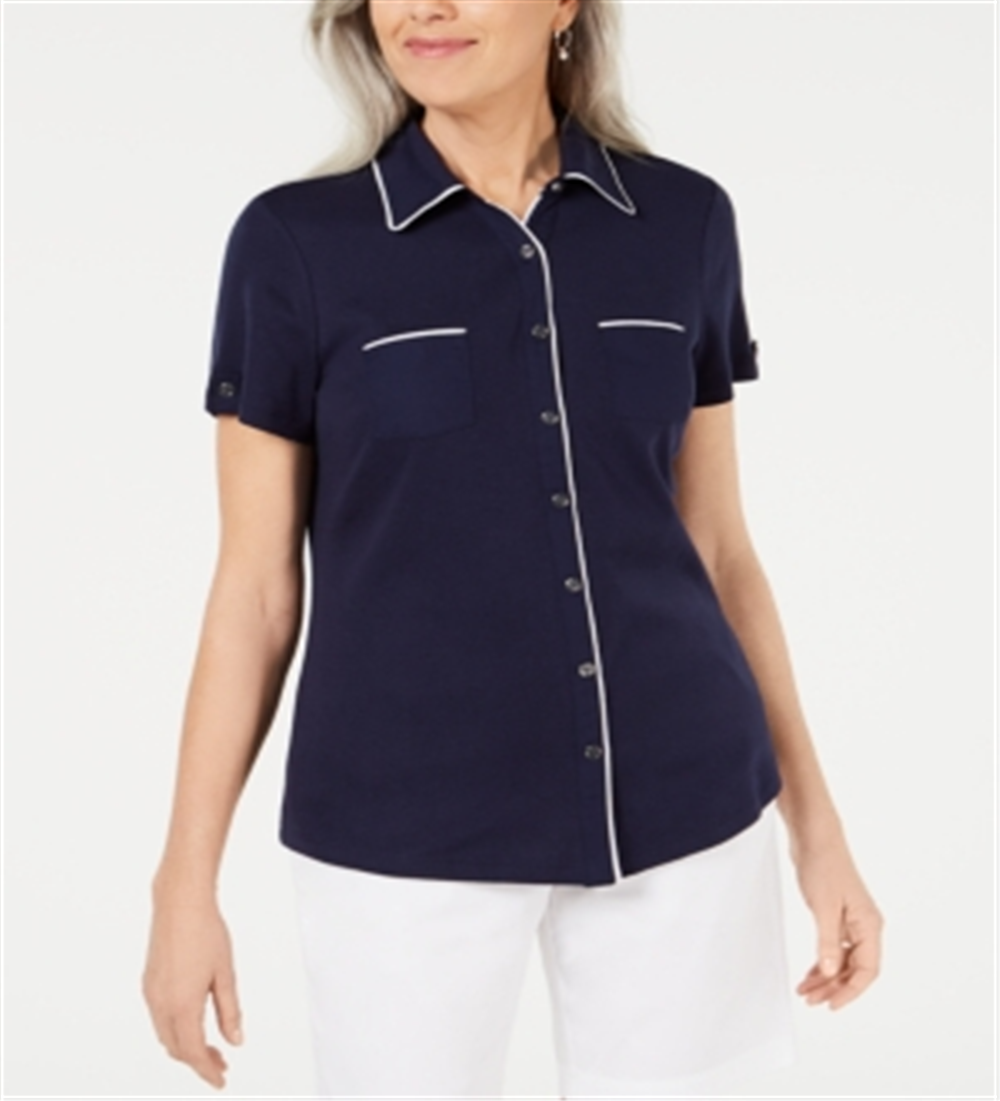 Karen Scott Women's Cotton Piping Button Top Blue Size Medium