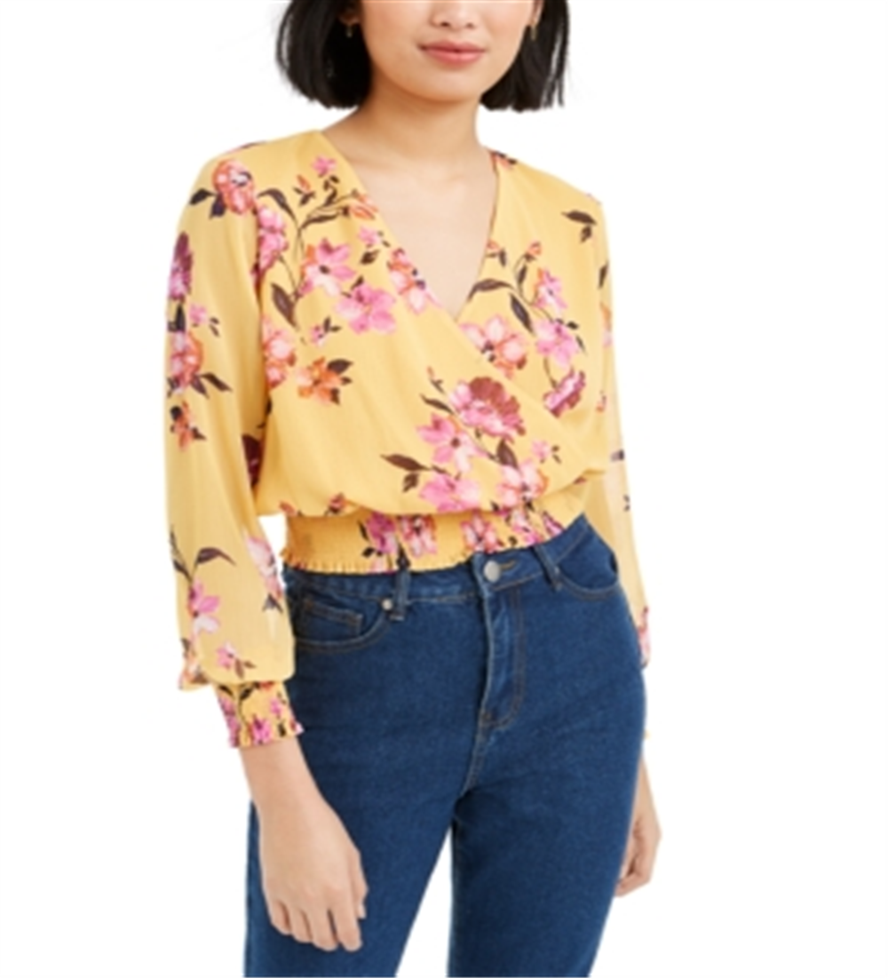 Bar III Women's Printed Smocked Blouse Yellow Size X-Large