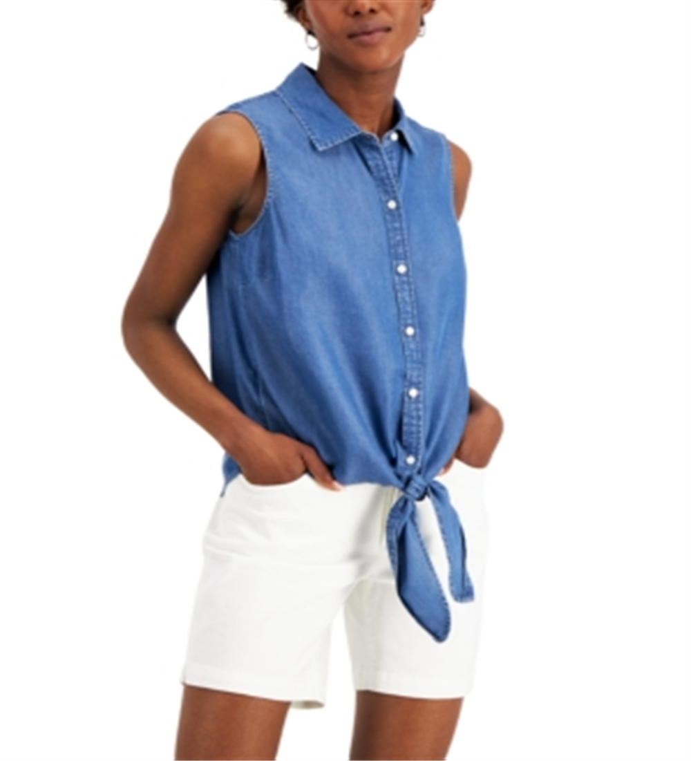 Charter Club Women's Sleeveless Point Collar Top Blue Size 4