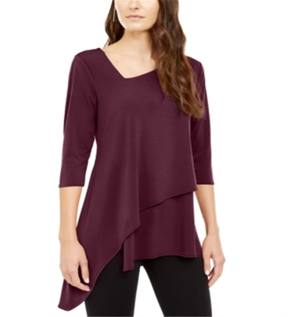 Alfani Women's Asymmetrical hem 3/4 Sleeve V Neck Top Red Size X-Large