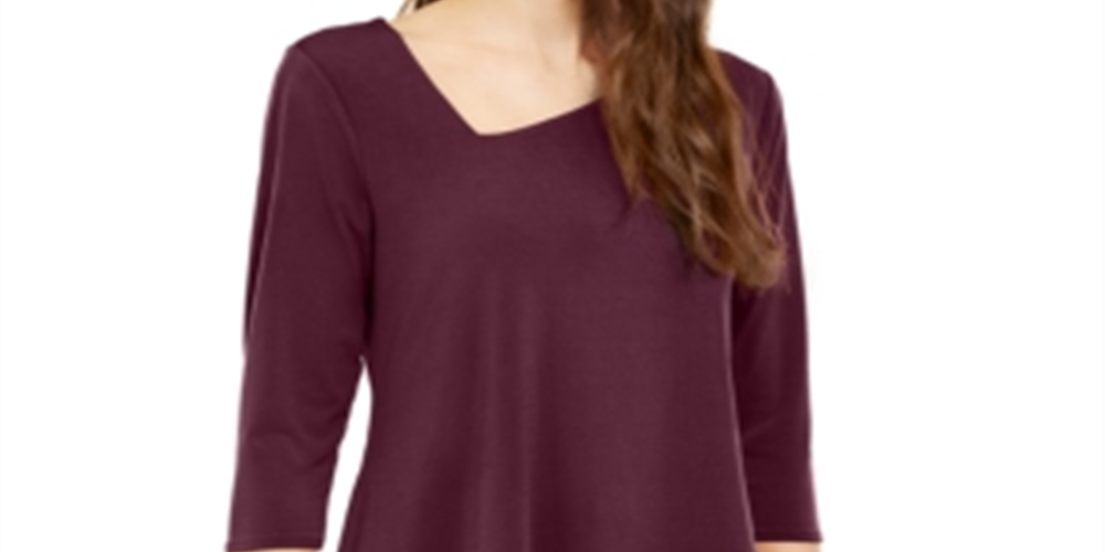 Alfani Women's Asymmetrical hem 3/4 Sleeve V Neck Top Red Size X-Large