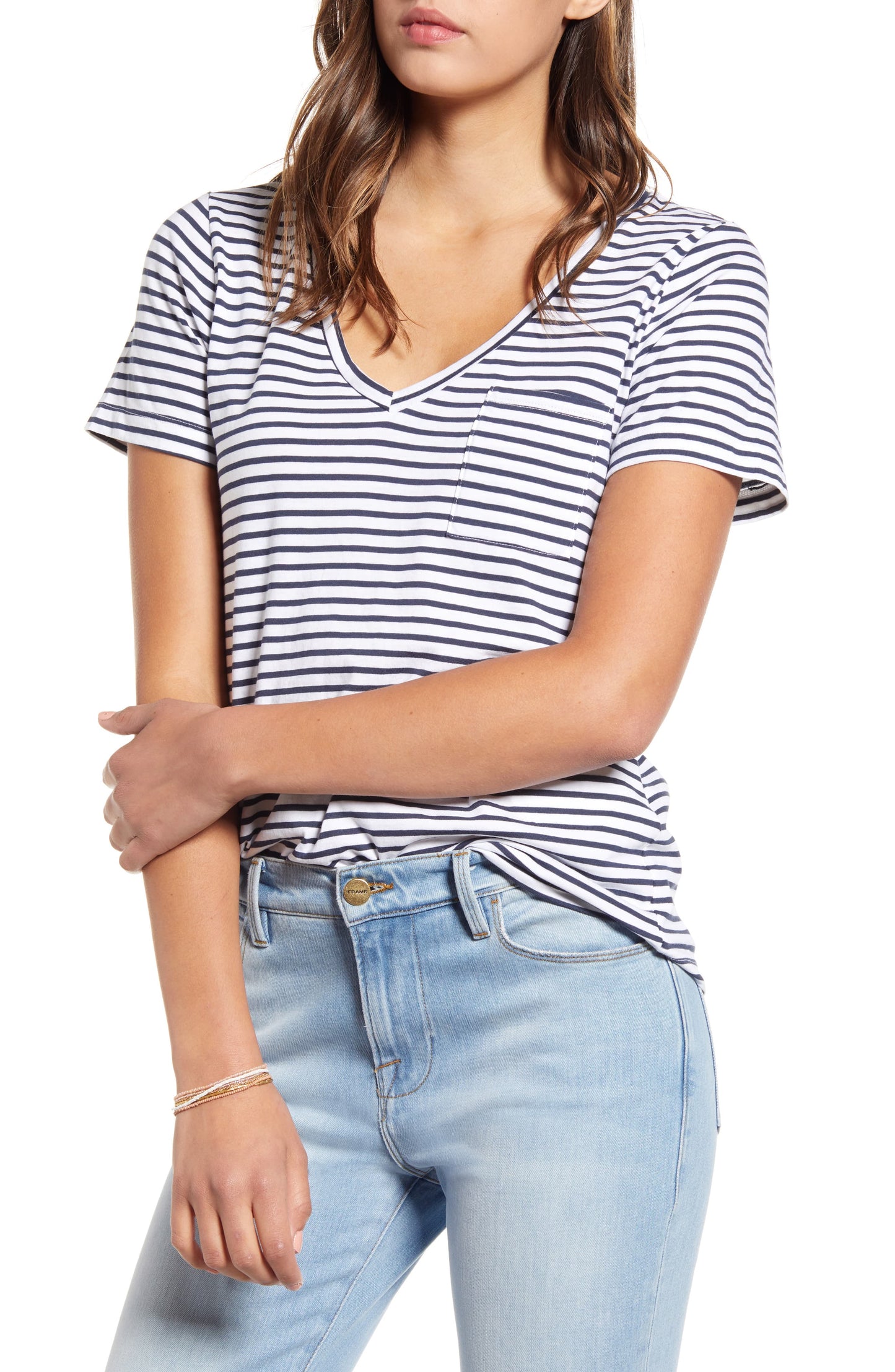 Lucky Brand Women's Stripe Cotton Pocket Tee Blue Size Medium