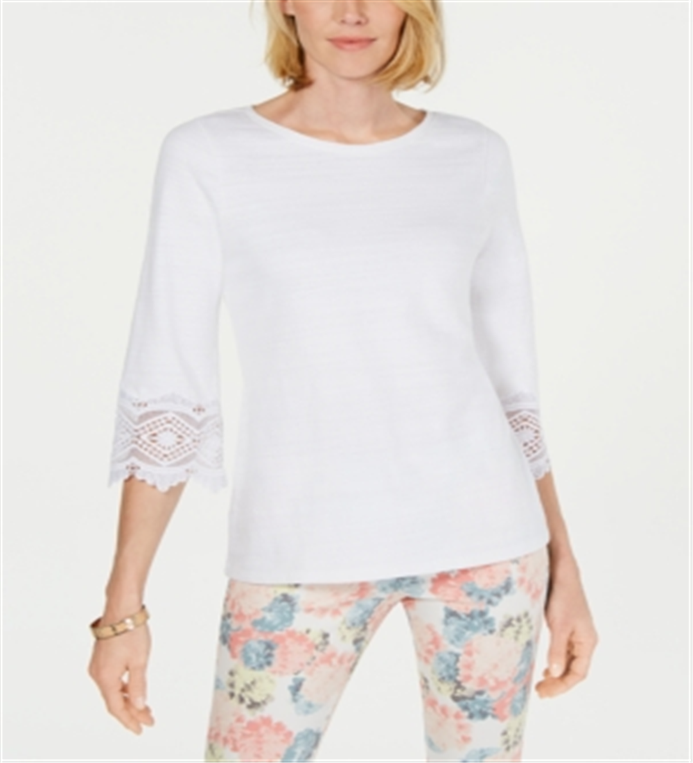 Charter Club Women's Lace Sleeve Top  White Size Petite XL