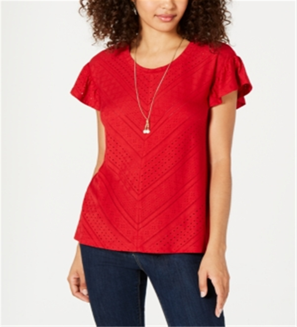 Style & CoWomen's Eyelet Detail Flutter Sleeve Top Red Size Medium