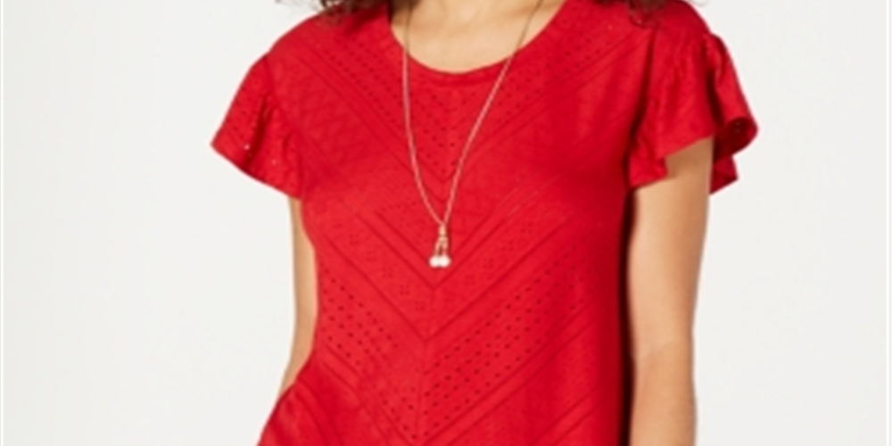 Style & CoWomen's Eyelet Detail Flutter Sleeve Top Red Size Medium