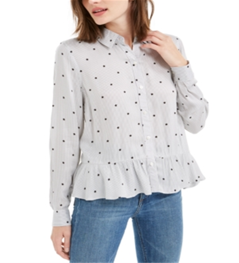 Maison Jules Women's Pinstripe Long Sleeve Button up Top White Size Medium