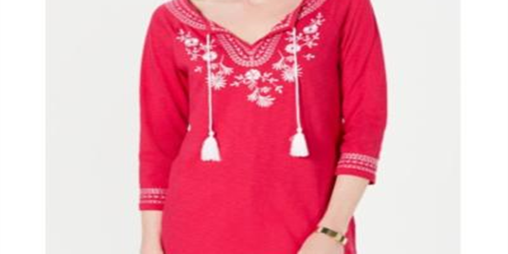 Charter Club Women's Cotton Embroidered Peasant Top Pink Size Petite SM