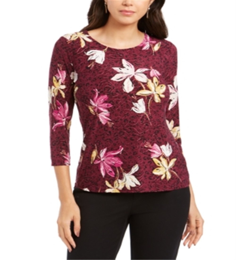 JM Collection Women's Printed Jacquard Top Purple Size Petite L