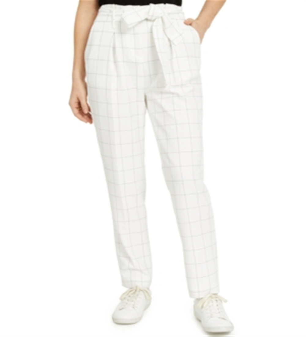 Bar III Women's Belted Windowpane Slim Straight Leg Pants White Size 16