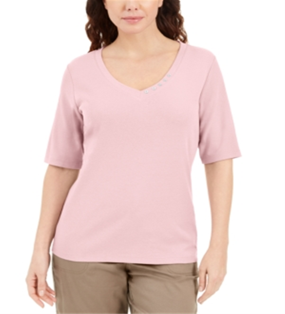 Karen Scott Women's Button Detail V Neck Top Pink Size X-Small