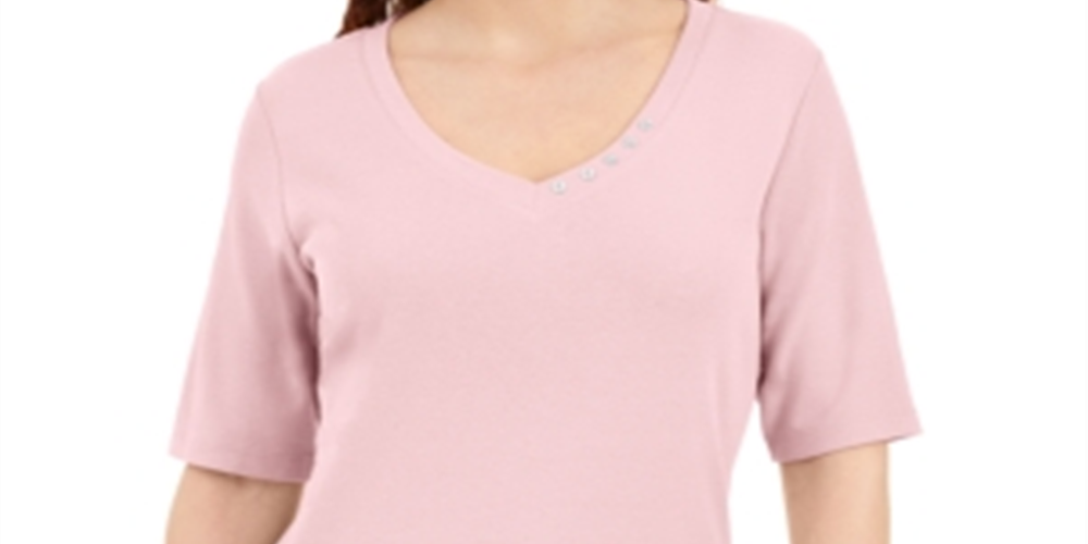 Karen Scott Women's Button Detail V Neck Top Pink Size X-Small