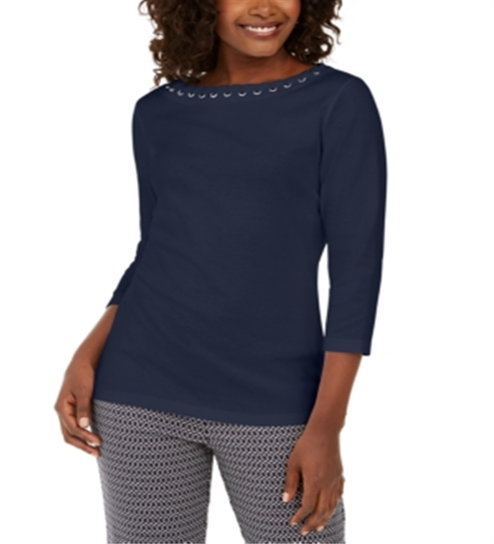 Karen Scott Women's Grommet Trim Cotton Top Blue Size Small
