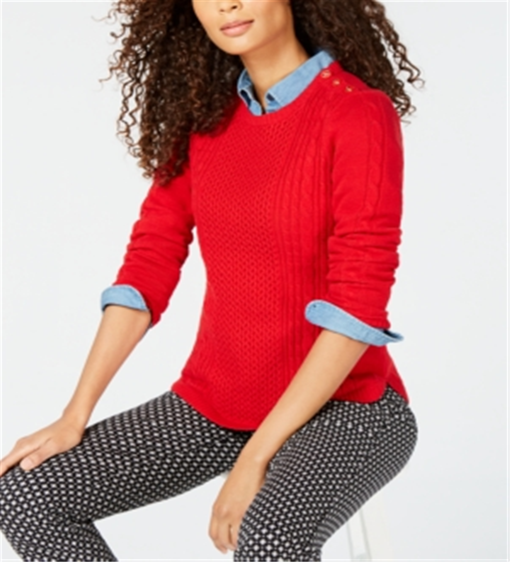 Charter Club Women's Patterned Long Sleeve Crew Neck Sweater Red Size Petite Small