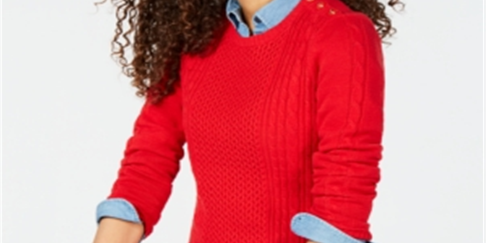 Charter Club Women's Patterned Long Sleeve Crew Neck Sweater Red Size Petite Small