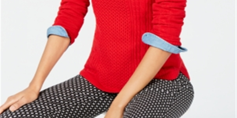 Charter Club Women's Patterned Long Sleeve Crew Neck Sweater Red Size Petite Small