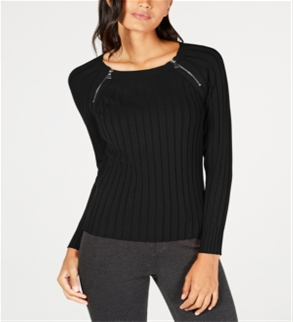 INC International Concepts Women's  Zip Detail Ribbed Sweater Black Size Petite Medium