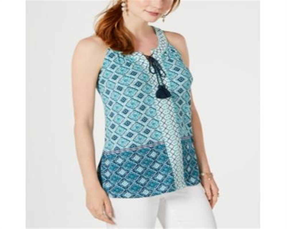 Style & CoWomen's Printed Tassel Tie Top  Blue Size Large