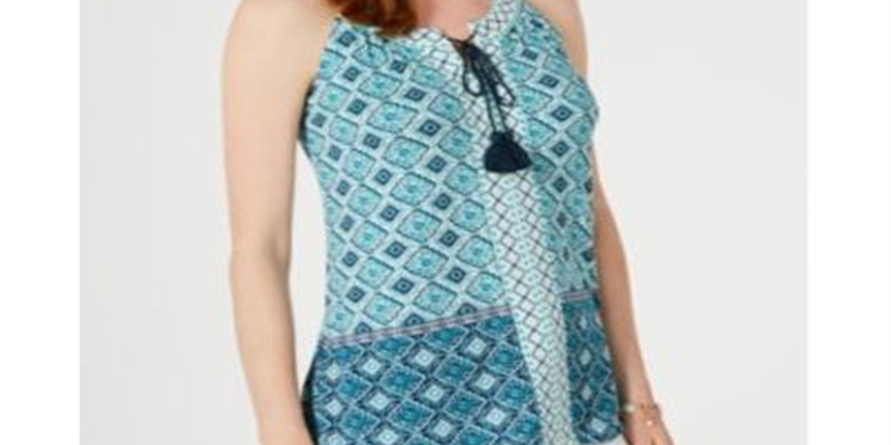 Style & CoWomen's Printed Tassel Tie Top  Blue Size Large