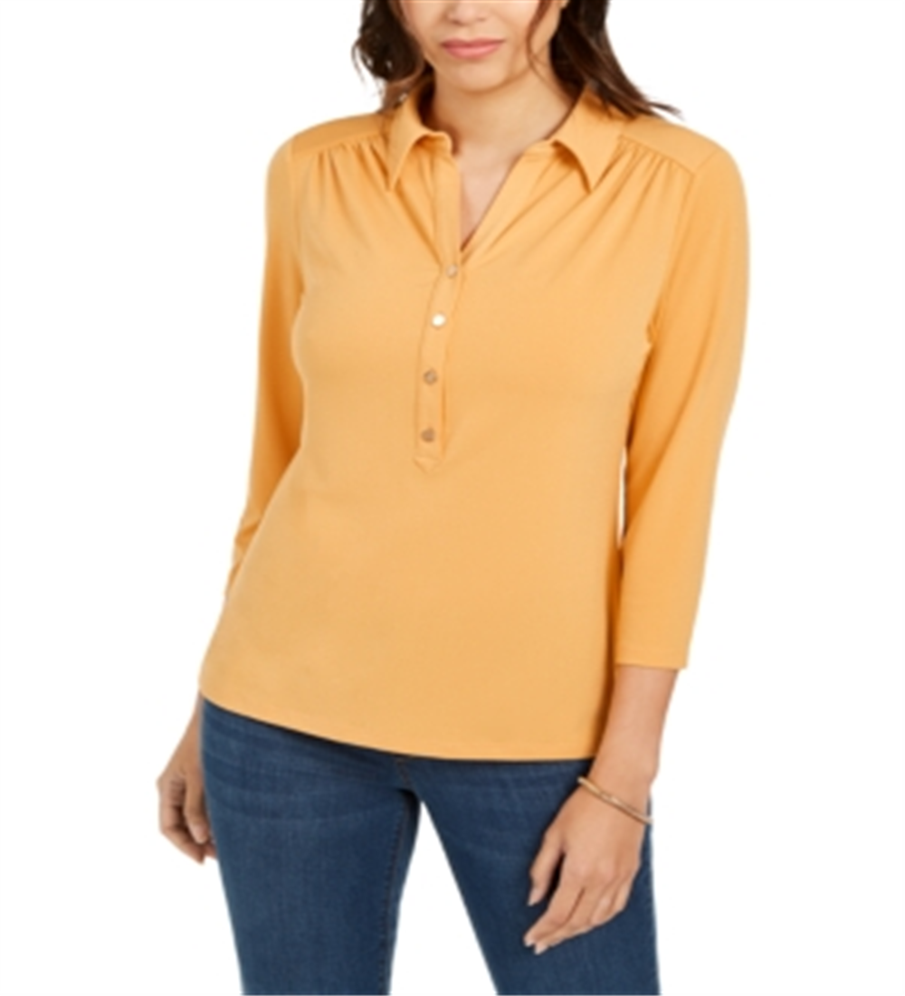 Charter Club Women's Knit Polo Shirt Yellow Size Small