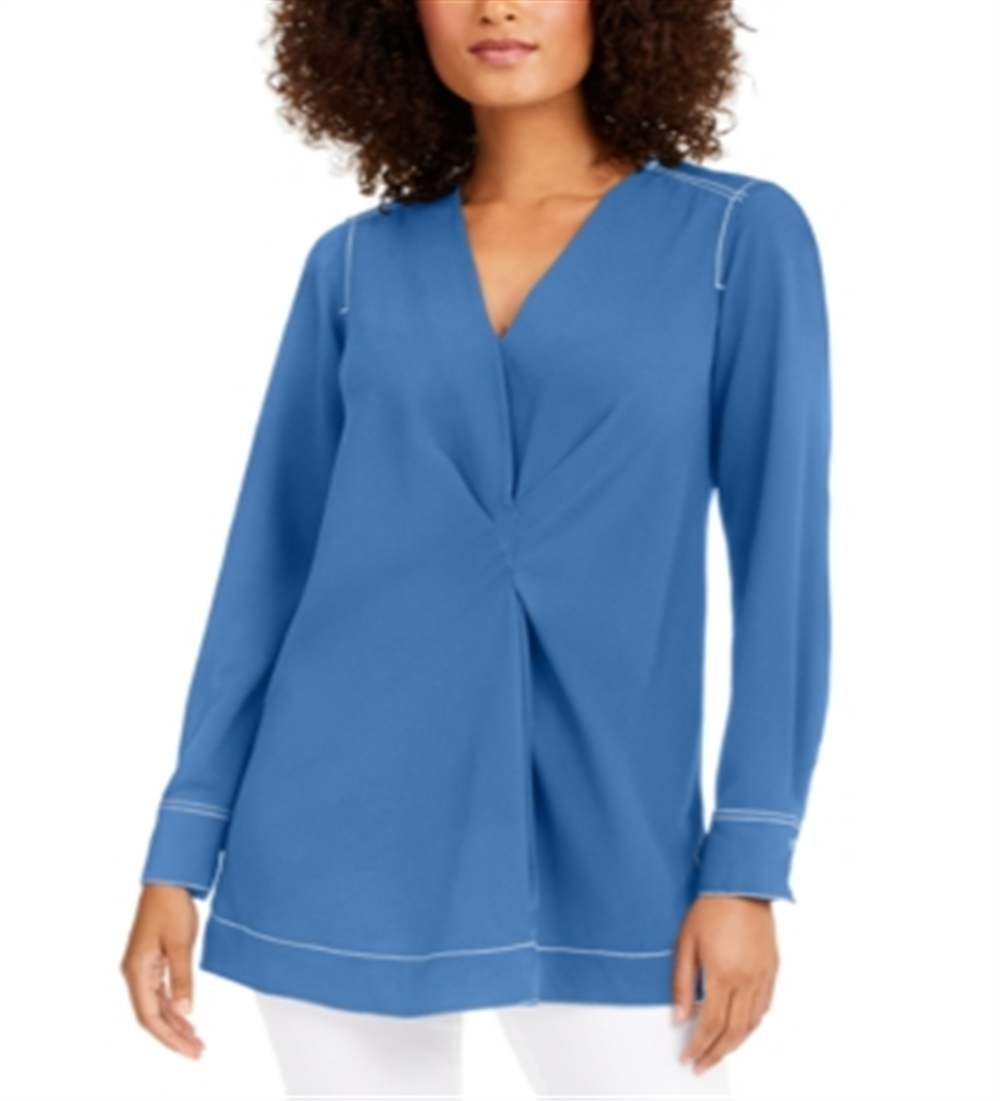 Alfani Women's Contrast Trim V Neck Tunic Top Blue Size Large