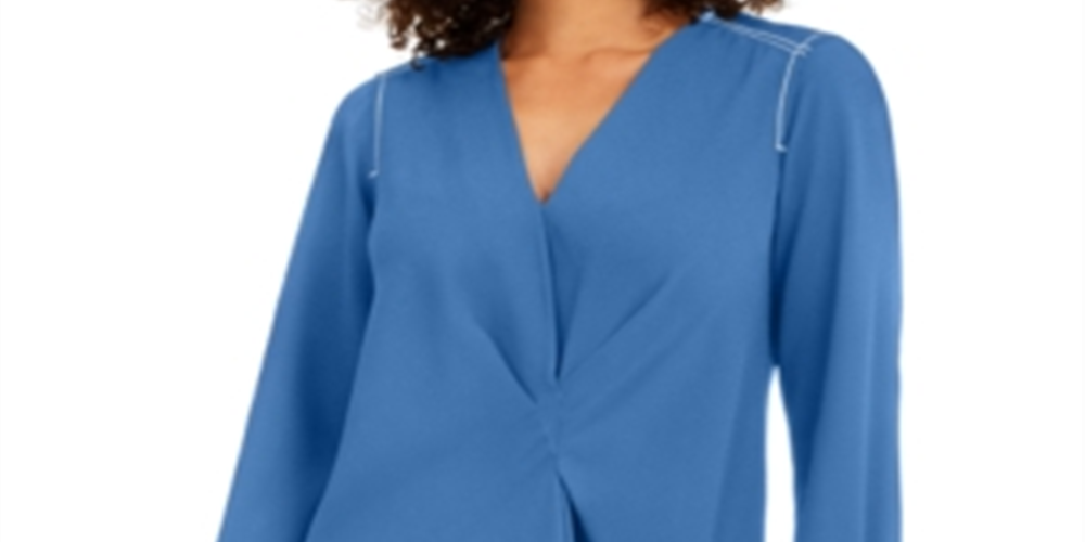 Alfani Women's Contrast Trim V Neck Tunic Top Blue Size Large