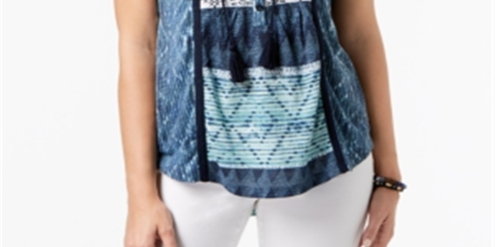 Style & Co Women's Embroidered Printed Top Blue Size PP