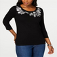 Karen Scott Women's Embroidered 3/4 Sleeve Top Black Size Petite Medium