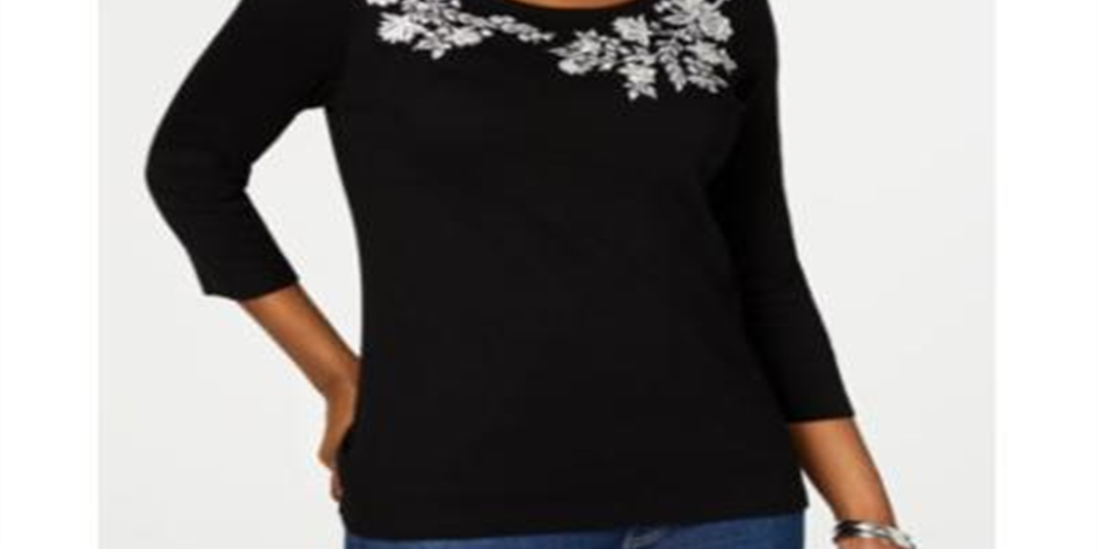 Karen Scott Women's Embroidered 3/4 Sleeve Top Black Size Petite Medium