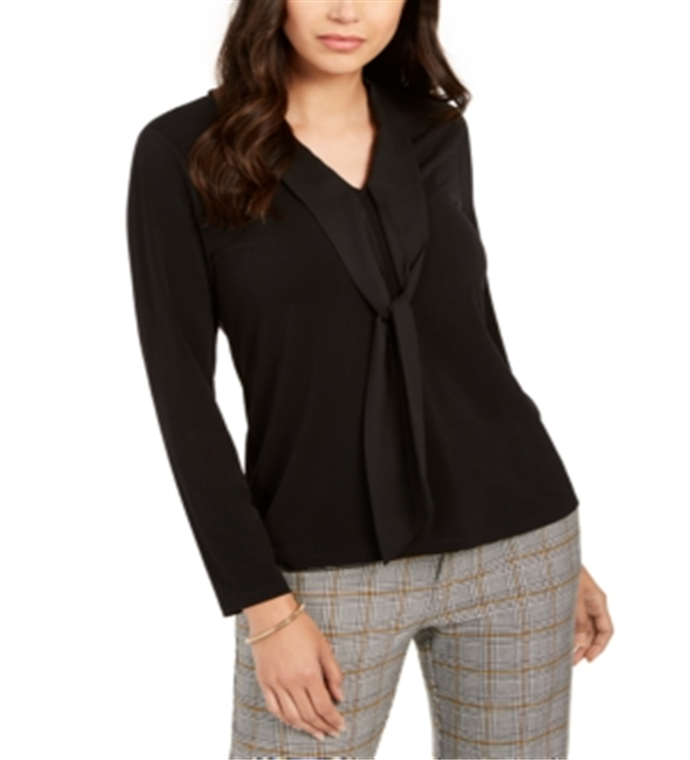Charter Club Women's Tie Neck Crepe Top Black Size Petite L