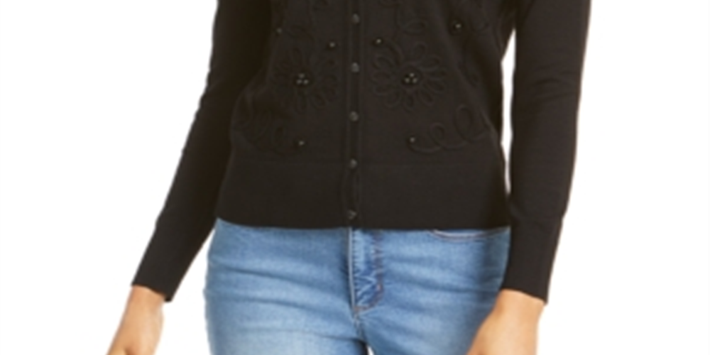 Charter Club Women's Solid Long Sleeve Jewel Neck Button up Sweater Black Size X-Large