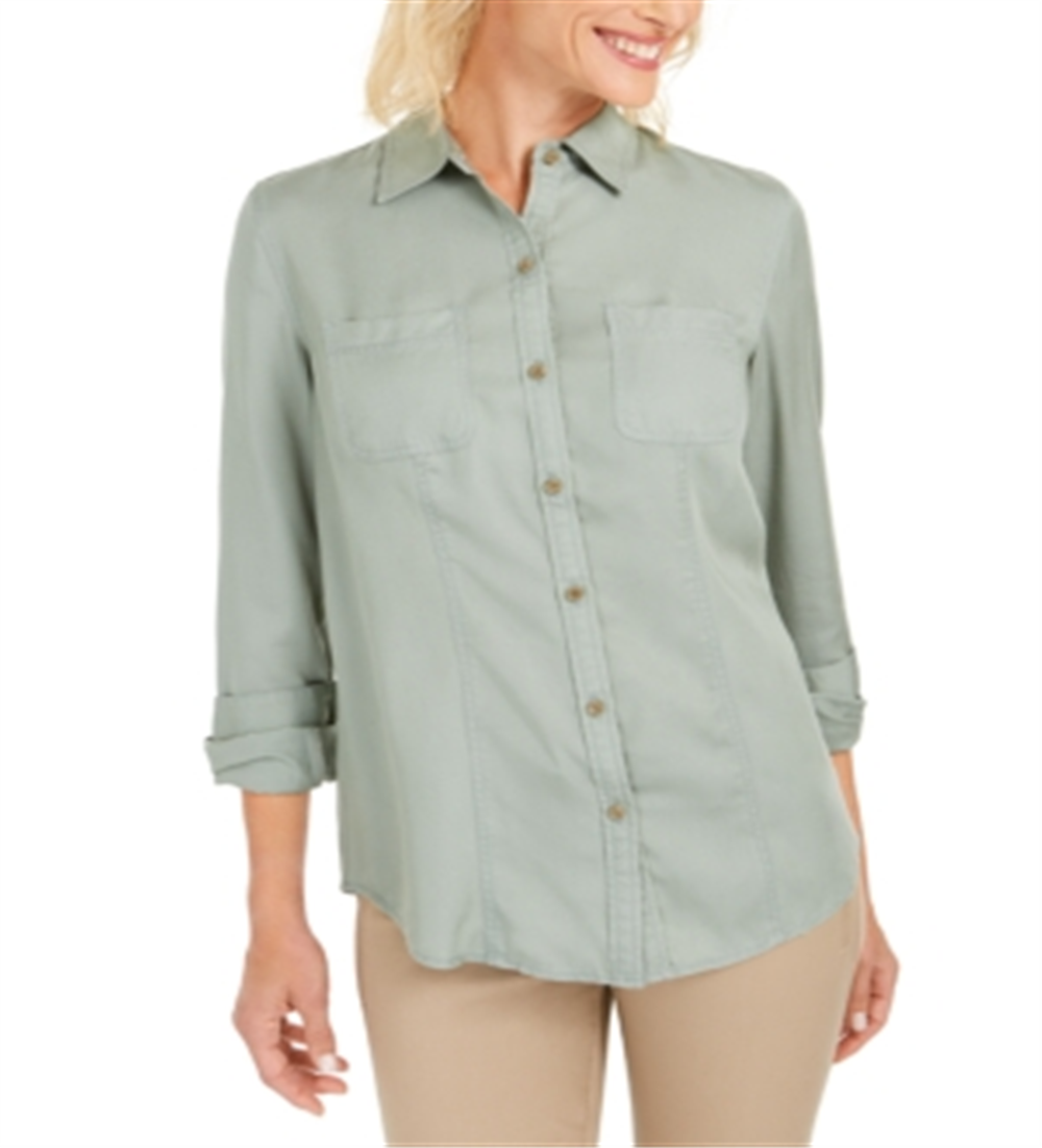 Charter Club Women's Woven Solid Tencel Shirt Green Size Medium