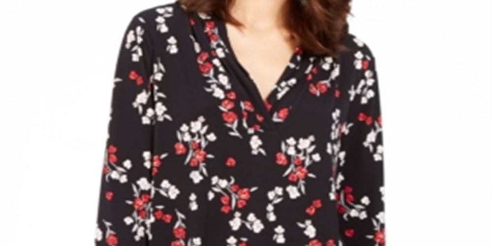Charter Club Women's Floral Print Pleated V Neck Blouse Black Size Small